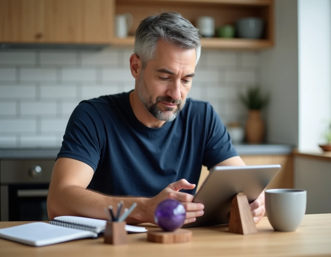 Homme consultant un site de vente de pierres violettes en ligne sur tablette avec une sphère d'améthyste violette posée à côté