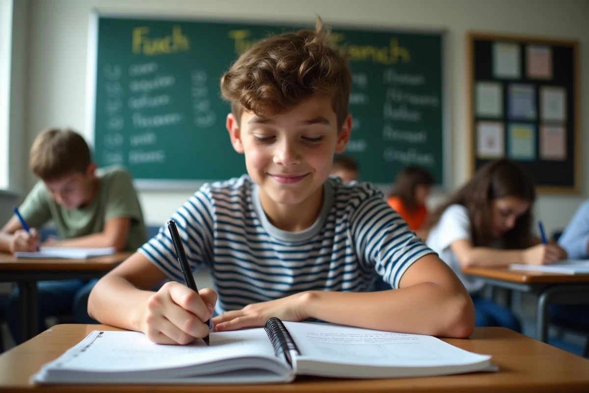 Adolescent en classe de français écrit dans un cahier