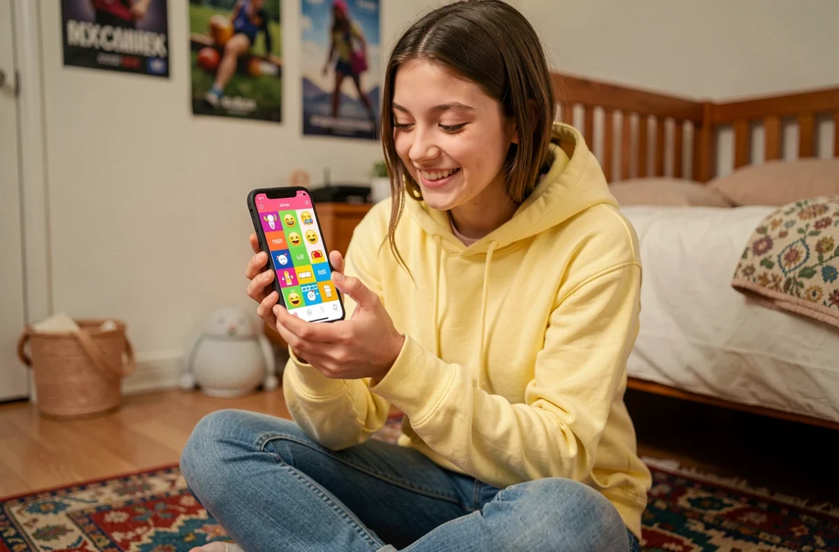 Adolescente créant un rébus personnalisé sur une application smartphone dans sa chambre