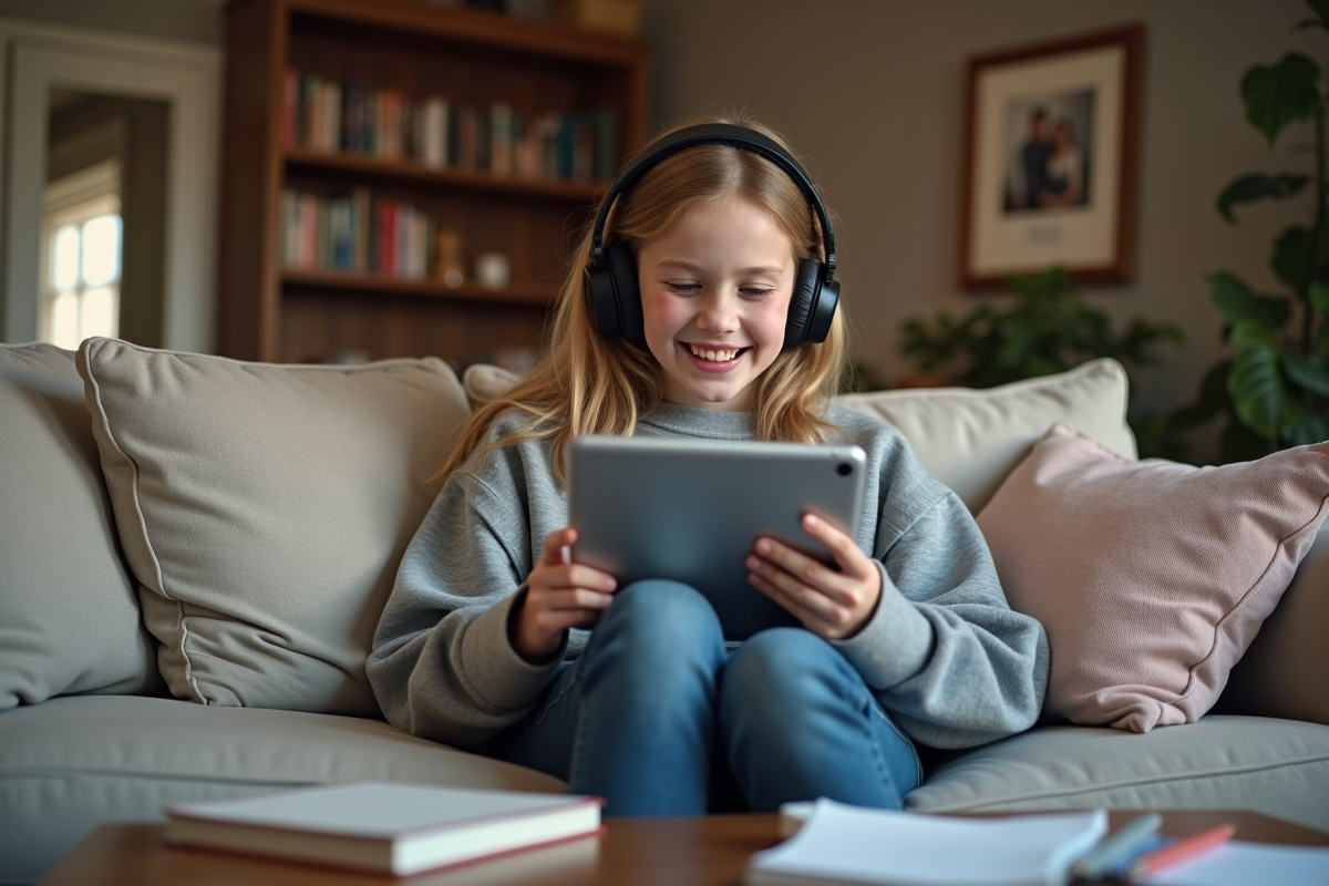 Adolescente en vidéo chat dans le salon familial