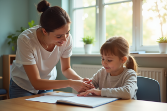 Assistante éducative aidant un élève avec besoins spéciaux