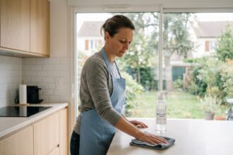 Aide ménagère professionnelle en tablier bleu nettoyant un plan de travail dans une cuisine moderne de maison pavillonnaire à Sénart
