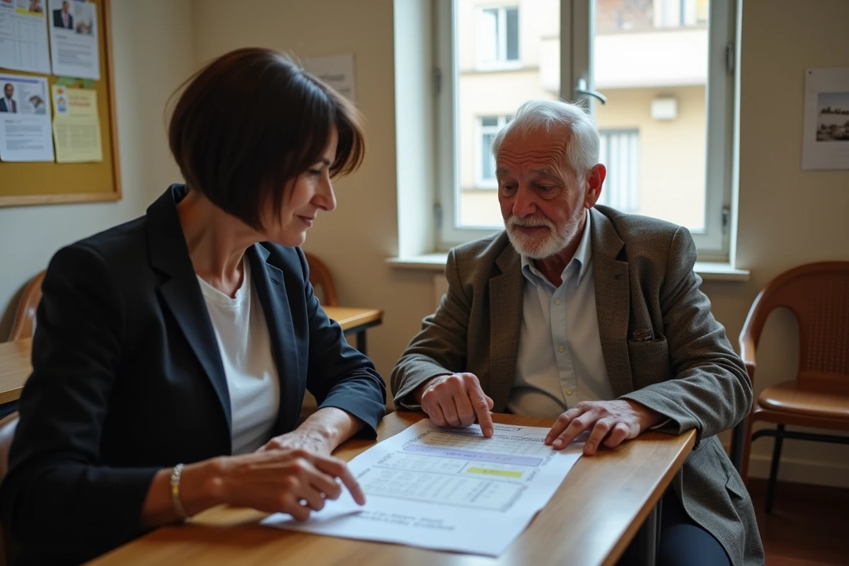 Travailleuse sociale aidant une personne âgée isolée à consulter les horaires de prière à Toulouse dans un centre communautaire