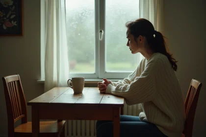 Femme seule assise à une table en bois regardant par une fenêtre sous la pluie, exprimant une mélancolie douce dans un appartement intimiste