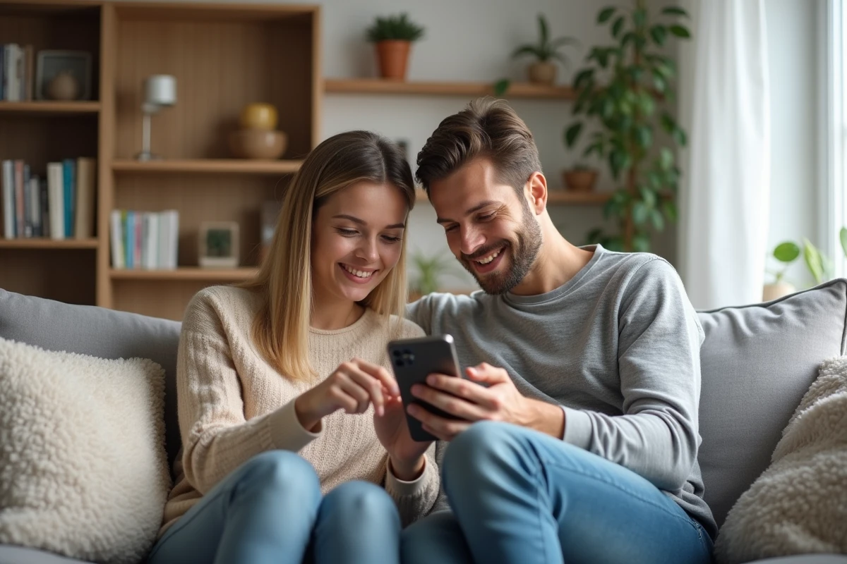 Deux amis analysant ensemble un SMS potentiellement bloqué sur un smartphone Android dans un salon moderne
