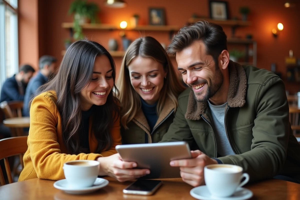 Groupe d'amis découvrant l'easter egg Do a Barrel Roll sur une tablette dans un café parisien