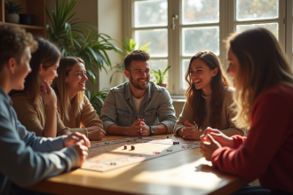 Groupe d'amis jouant à un jeu de société en famille