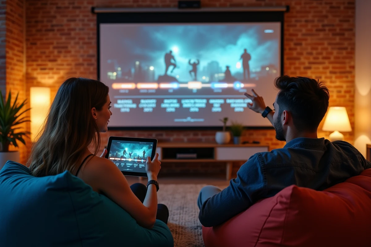 Deux amis consultant l'ordre de visionnage de l'univers Marvel sur Disney+ devant un écran de projection dans un appartement moderne