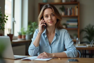 Femme appelant depuis la France vers la Grèce avec son smartphone, assise à un bureau avec un carnet de notes et un ordinateur portable