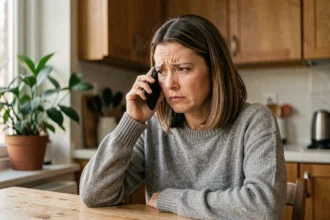 Femme tenant un smartphone et regardant avec méfiance un appel entrant depuis l'indicatif 234
