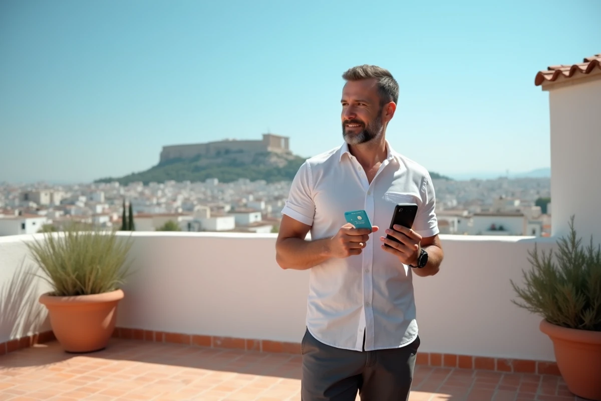 Homme consultant son smartphone sur une terrasse à Athènes avec l'Acropole visible en arrière-plan