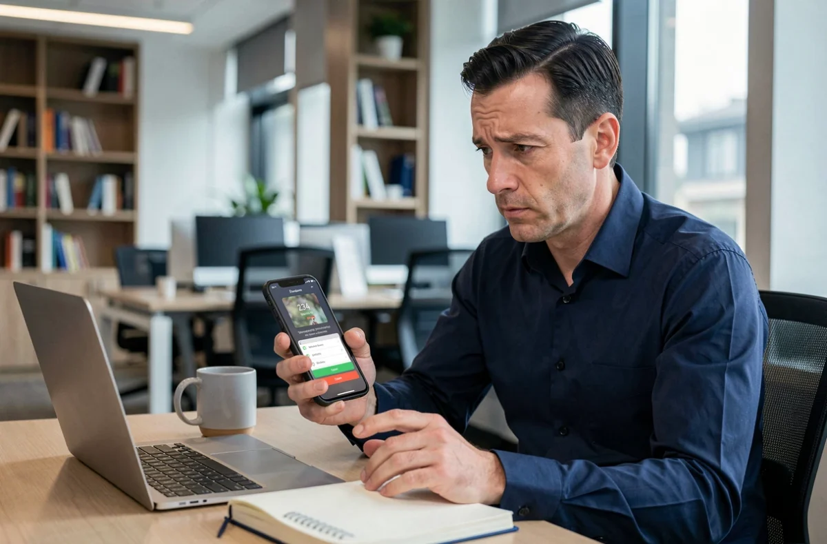 Homme en bureau regardant un appel suspect depuis un numéro international 234 sur son téléphone
