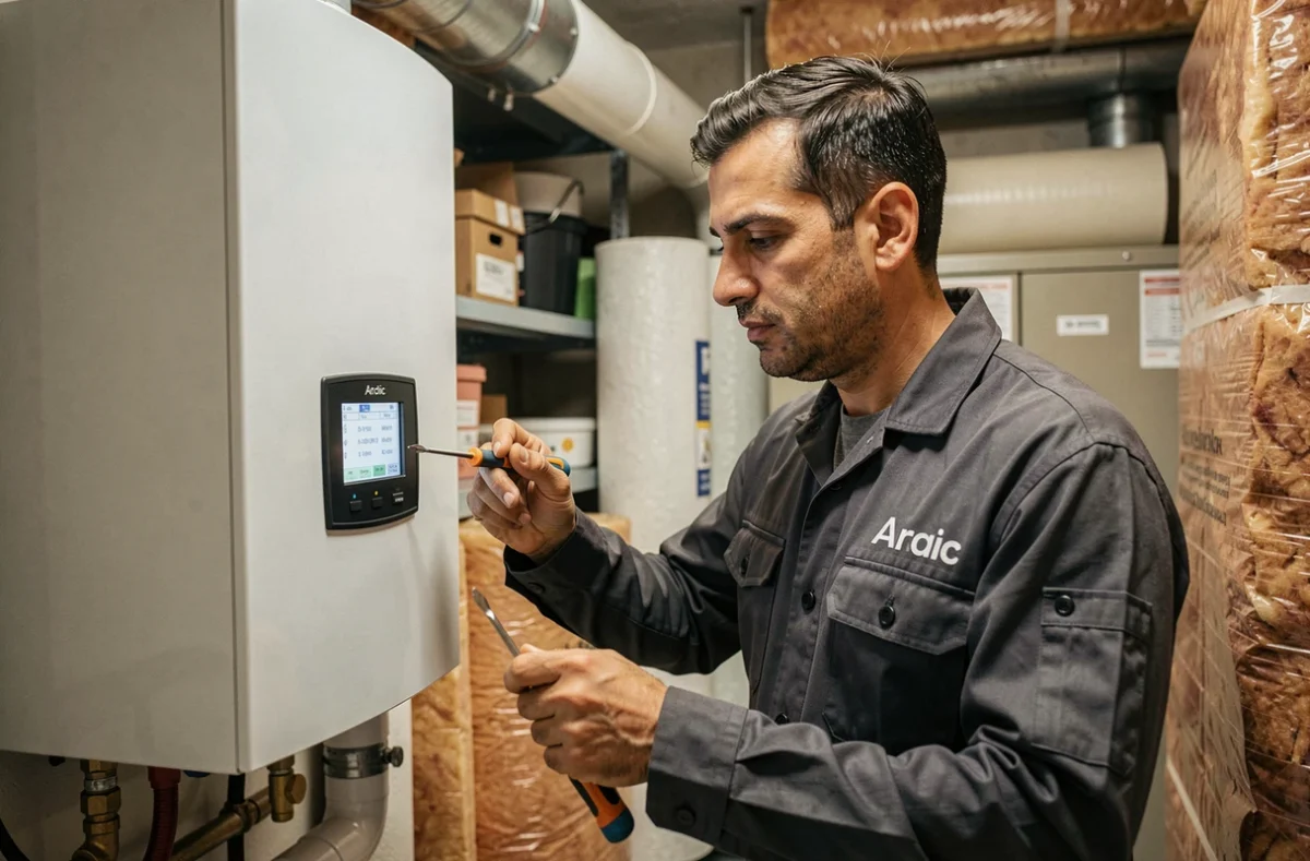 Technicien Ardic réglant le panneau de commande d'une chaudière combinée dans une chaufferie à Annecy