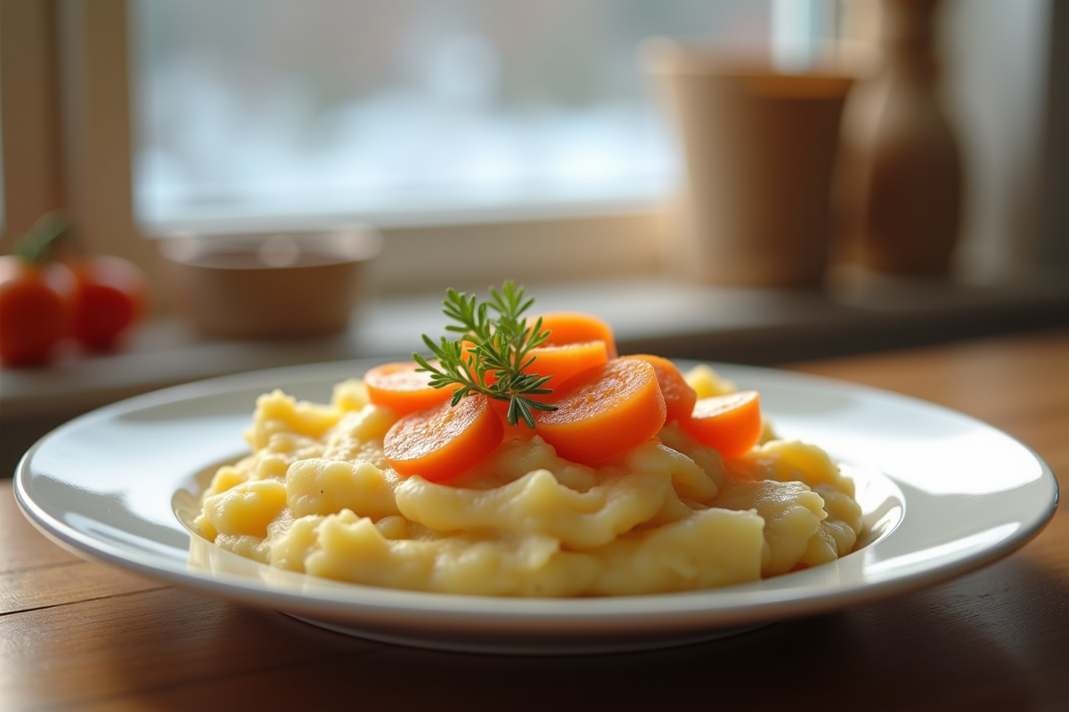 Assiette de purée de carottes et pommes de terre dans une cuisine chaleureuse