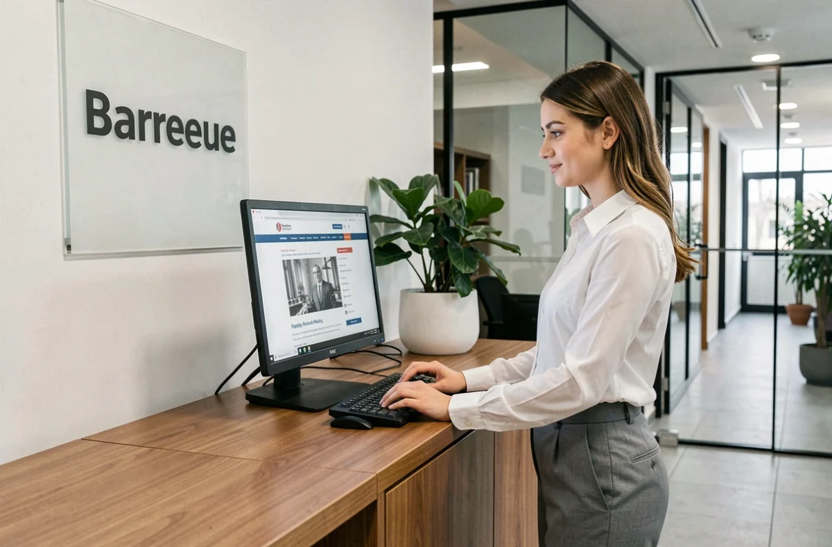 Assistante juridique consultant le site officiel du barreau de Cusset-Vichy sur ordinateur