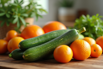 Assortiment de courgettes et fruits de ziziphus sur un plan de travail