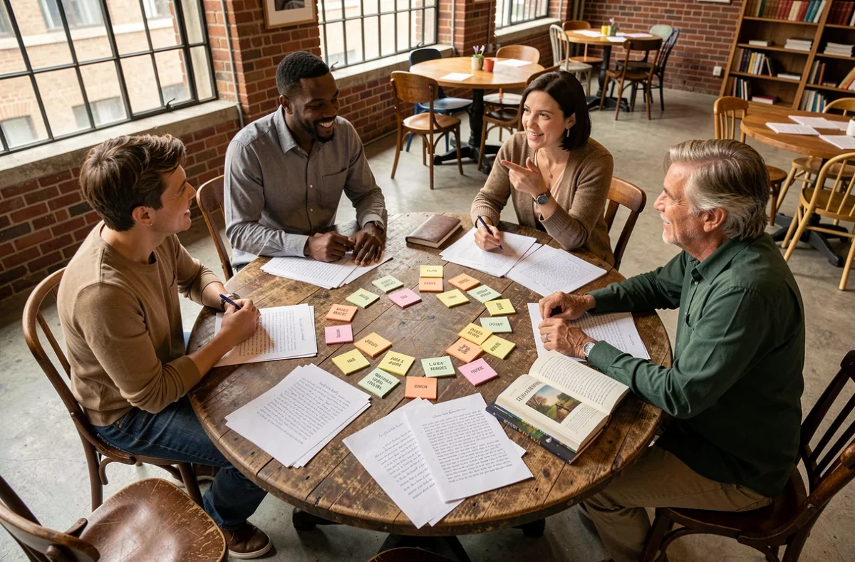 Atelier d'écriture poétique avec plusieurs adultes autour d'une table couverte de feuilles de rimes en français