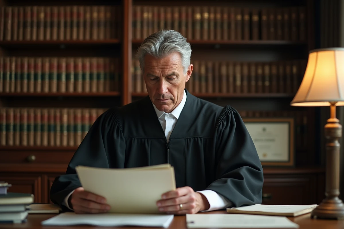 Avocat en robe noire examinant un dossier juridique dans son cabinet après une décision de débouté