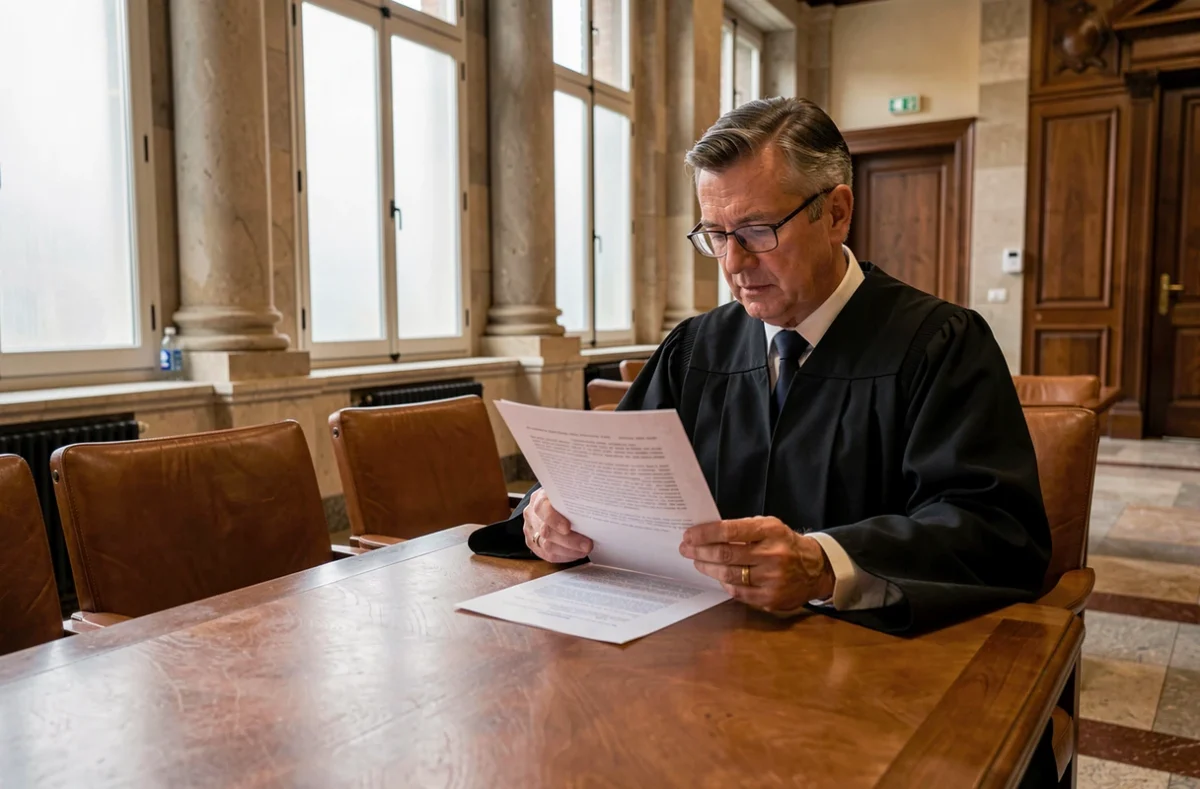 Avocat en robe lisant un dossier juridique dans une salle de réunion du palais de justice