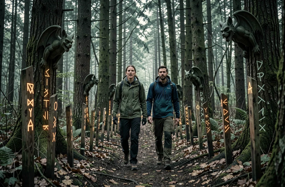 Deux participants explorant une forêt mystérieuse lors de l'expérience immersive Black Gargoyle en pleine nature