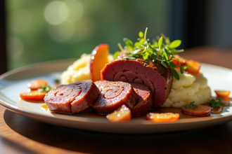 Assiette de boudin noir tranché avec purée et pommes