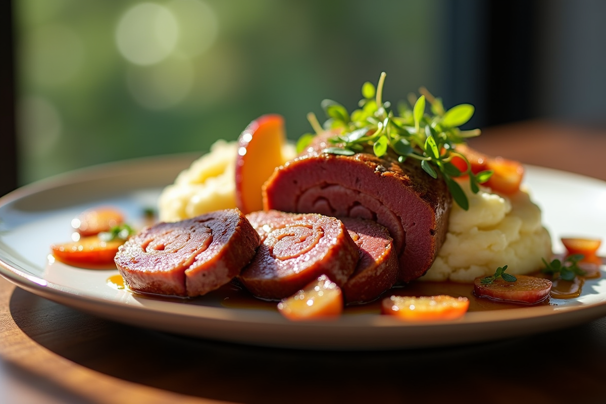 Assiette de boudin noir tranché avec purée et pommes