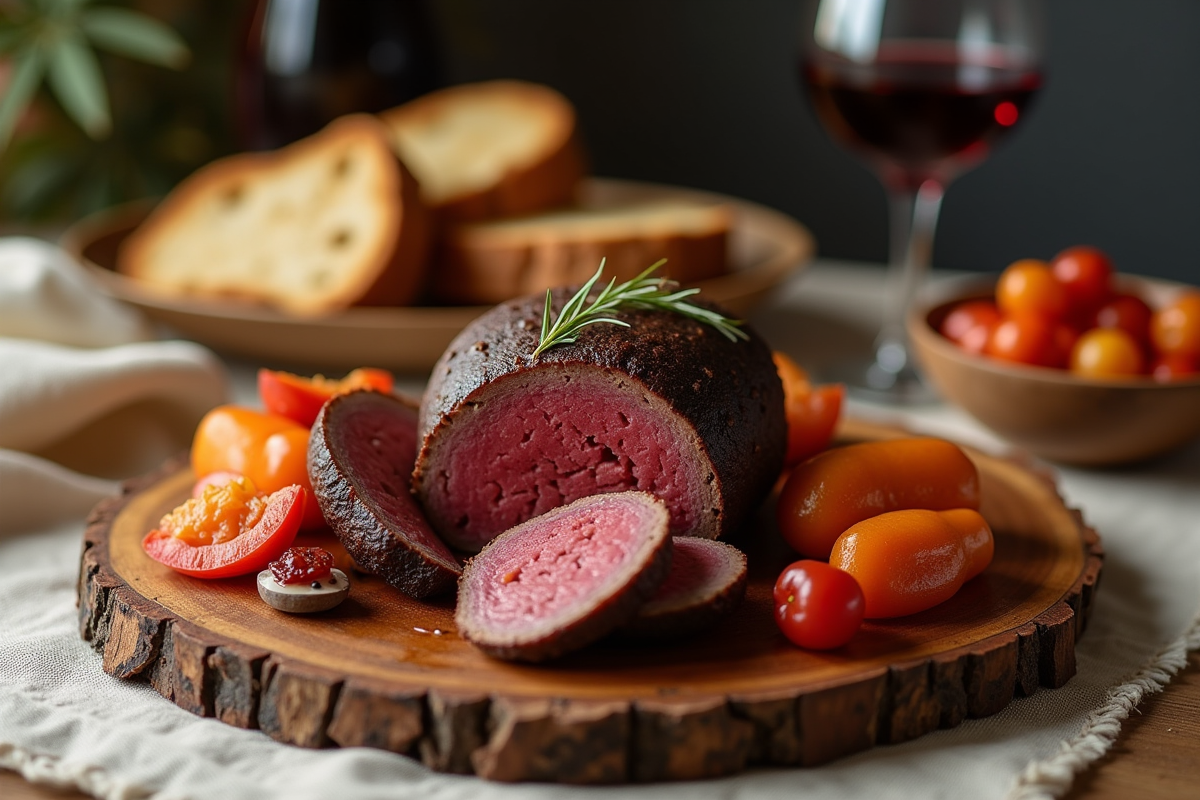 Boudin noir rustique avec légumes et pain sur table