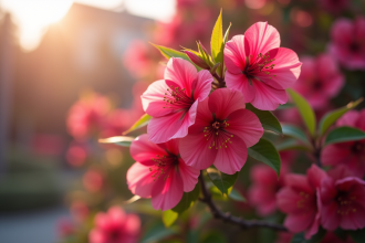 Buisson japonais en fleurs au matin avec lumière douce
