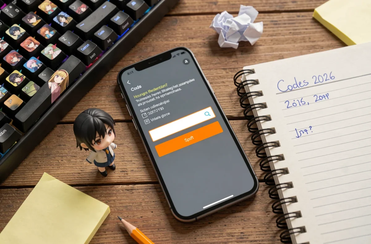Vue en plongée d'un bureau avec smartphone affichant la page de code Anime Last Stand et un carnet de codes 2026