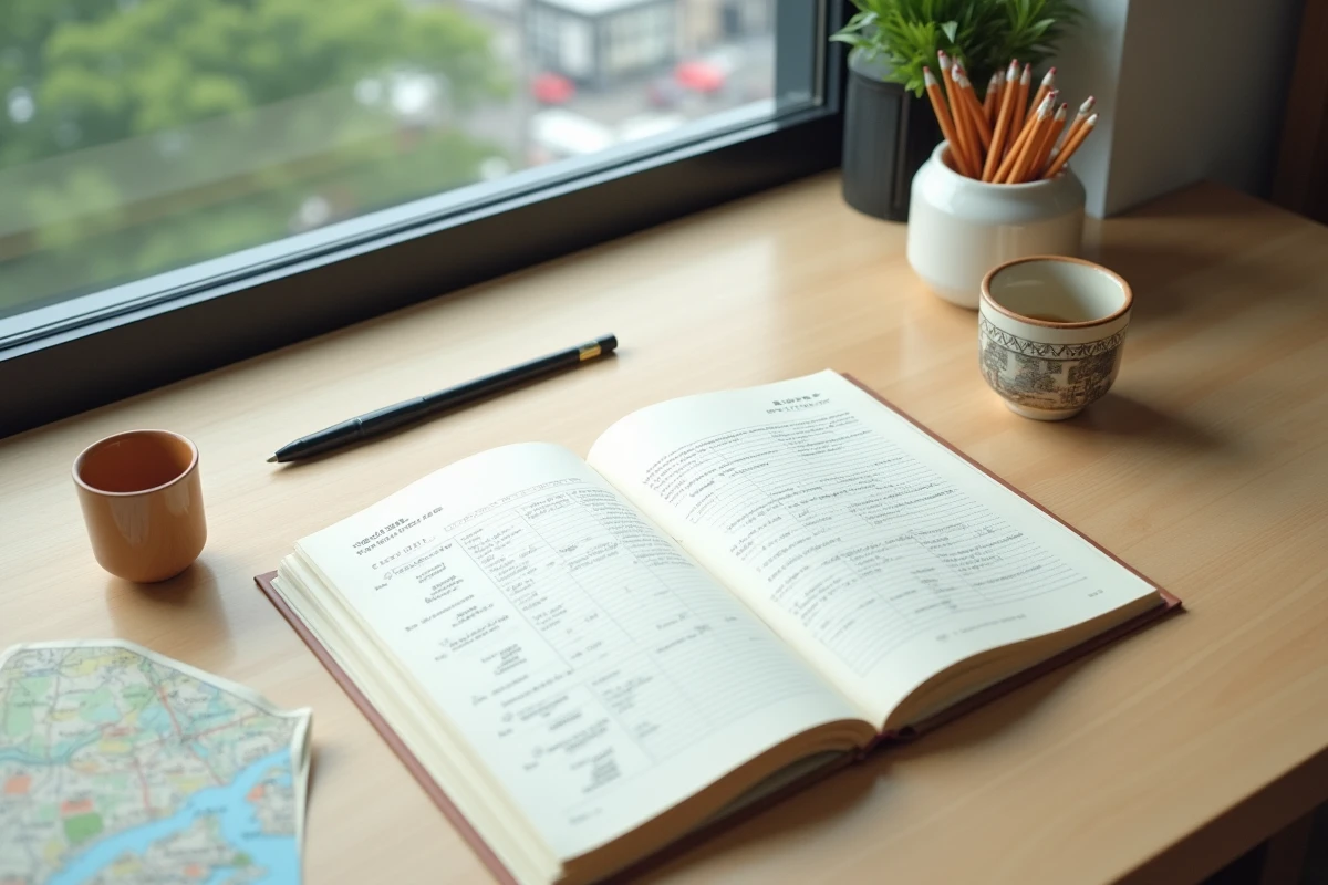 Bureau japonais avec livre de mots fléchés ouvert sur les villes du Japon et une tasse de thé