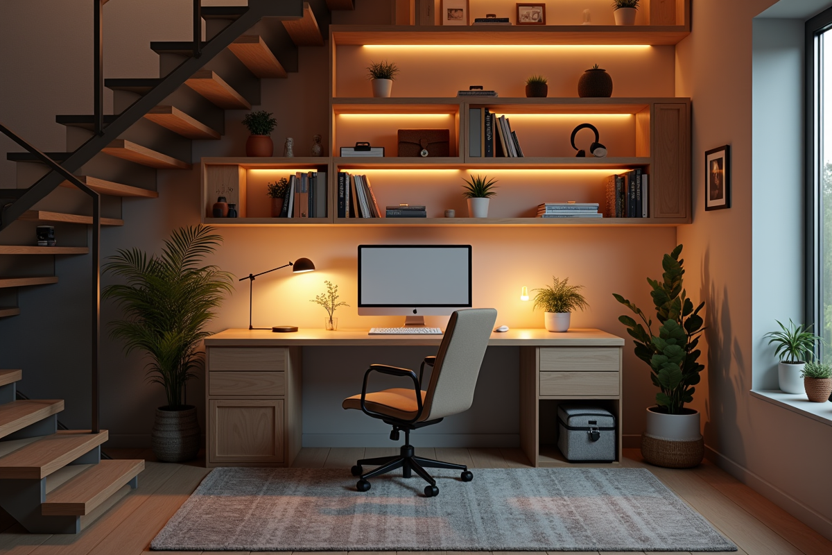 Espace de travail organisé sous escalier contemporain