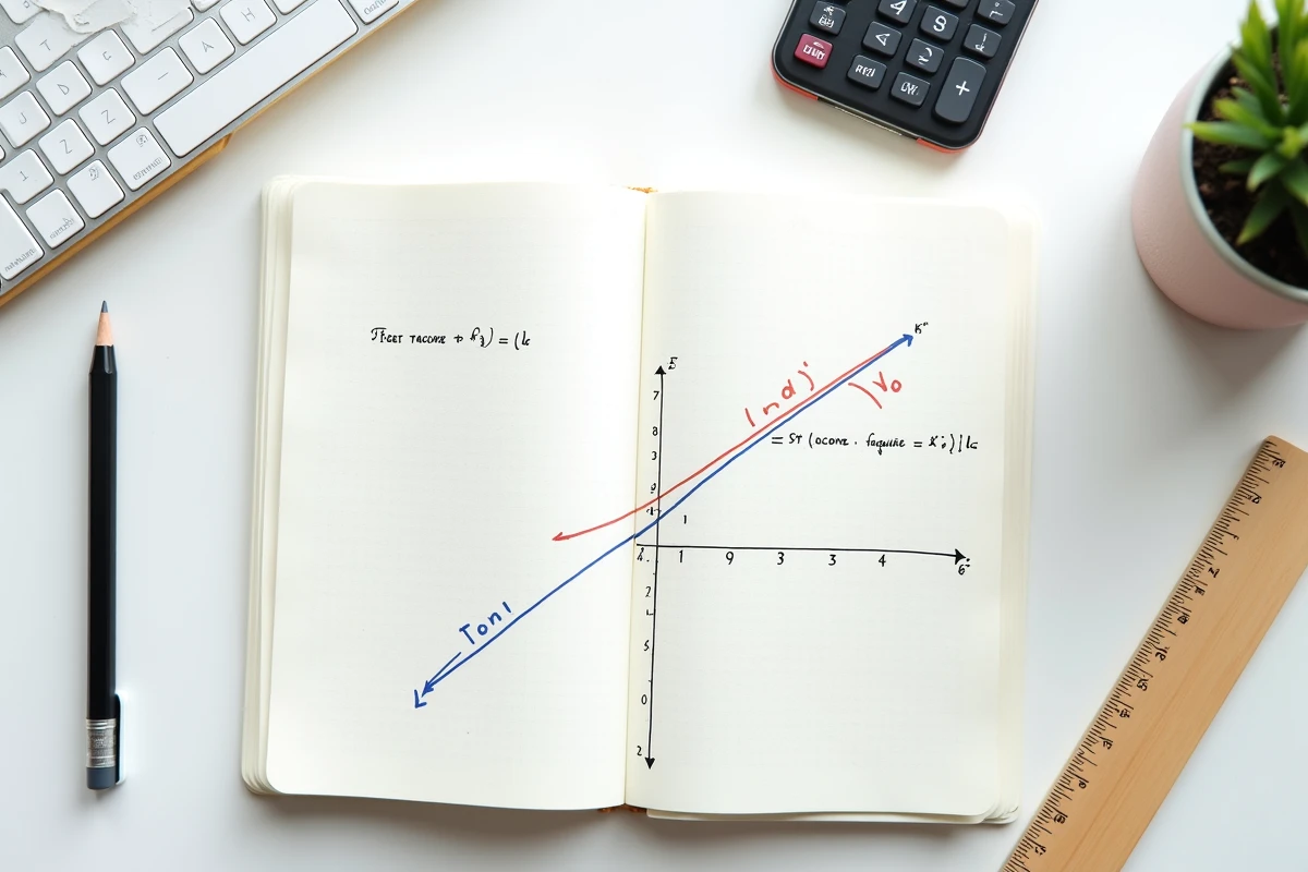 Cahier de mathématiques ouvert avec courbe, tangente tracée et équation réduite annotée entouré d'une règle et d'une calculatrice