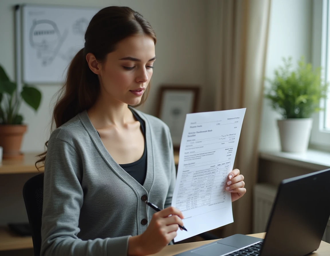 Jeune agente catégorie C comparant sa grille salariale et sa fiche de paie de la fonction publique à domicile