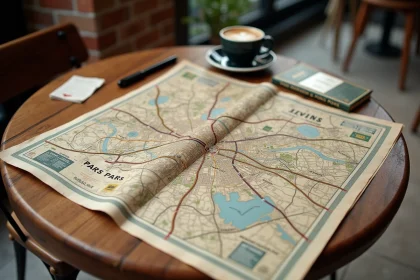 Carte papier de Paris dépliée sur une table de café parisien avec arrondissements et lignes de métro visibles