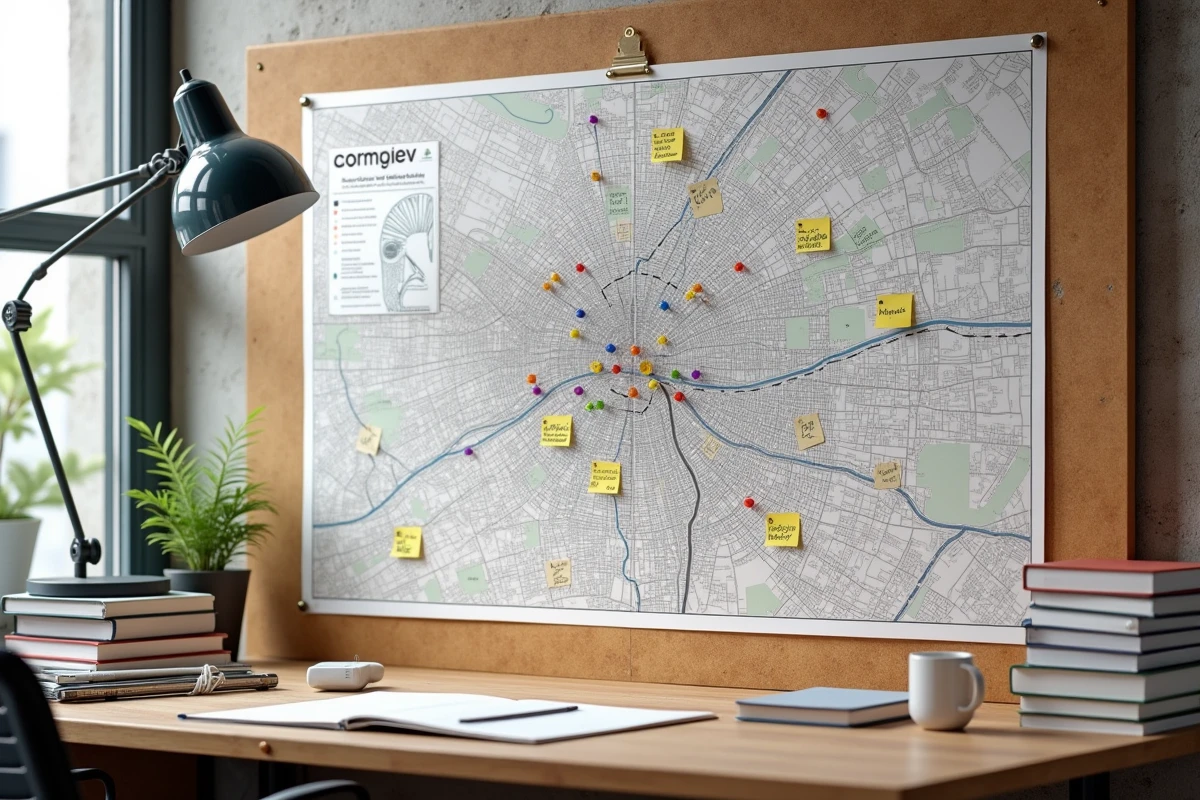 Carte de Paris épinglée sur un tableau en liège avec annotations des quartiers et arrondissements