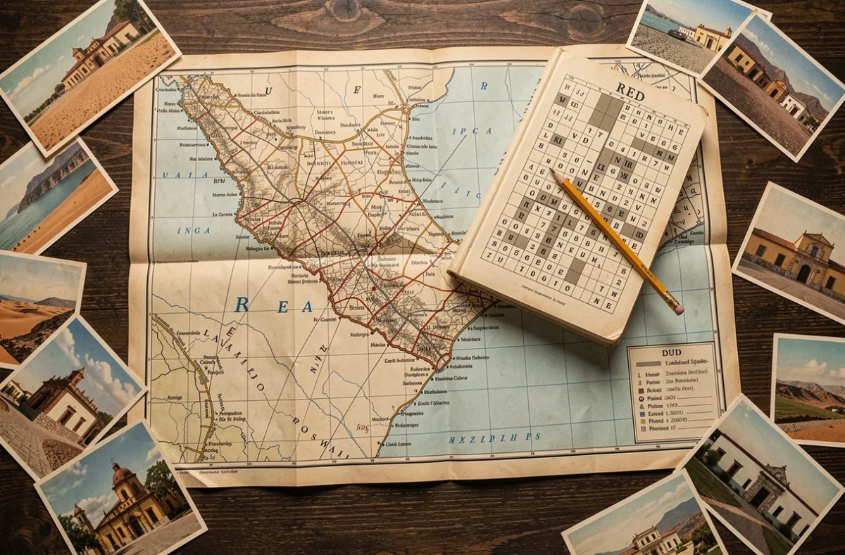 Carte du Pérou et livre de mots fléchés ouverts sur un bureau en bois avec un crayon pointant vers ICA, ville du Pérou en 3 lettres