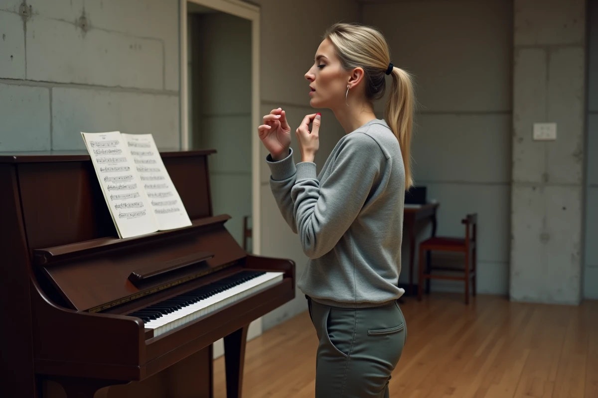 Une femme essaie de chanter dans une tonalité trop haute pour sa voix lors d'une répétition