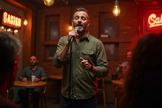 Un homme chante Stand By Me au micro sur une petite scène de bar devant un public attentif