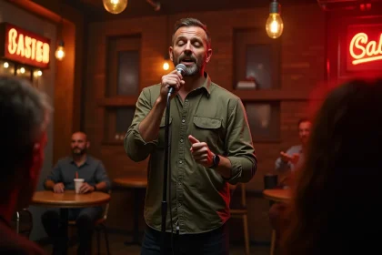 Un homme chante Stand By Me au micro sur une petite scène de bar devant un public attentif