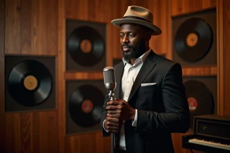 Chanteur afro-américain en studio avec fedora et micro