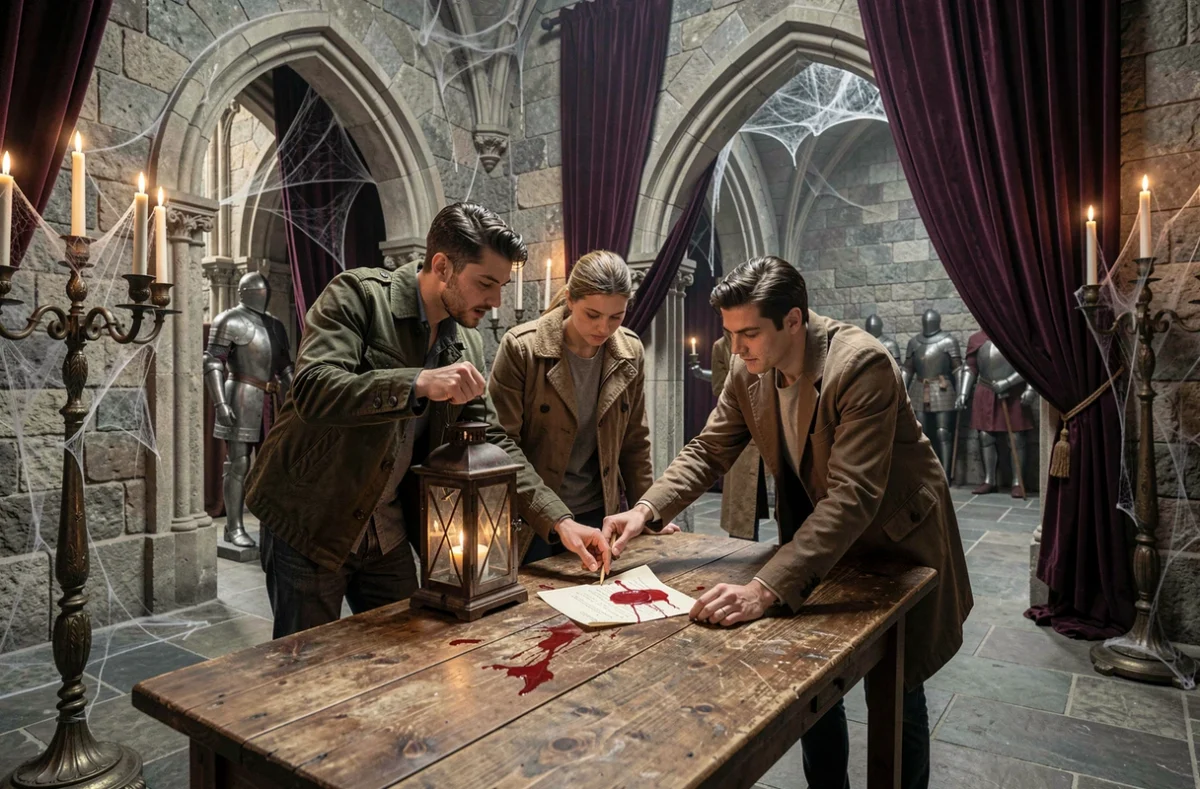 Participants explorant une salle médiévale gothique de l'escape game Château Sanglant à Jossigny