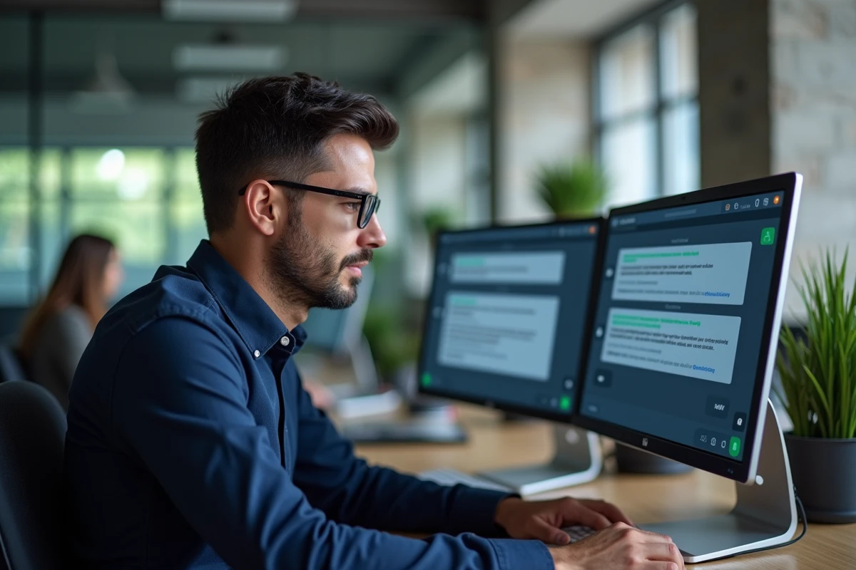 Homme portant des lunettes utilisant ChatGPT en français sur double écran dans un bureau professionnel moderne