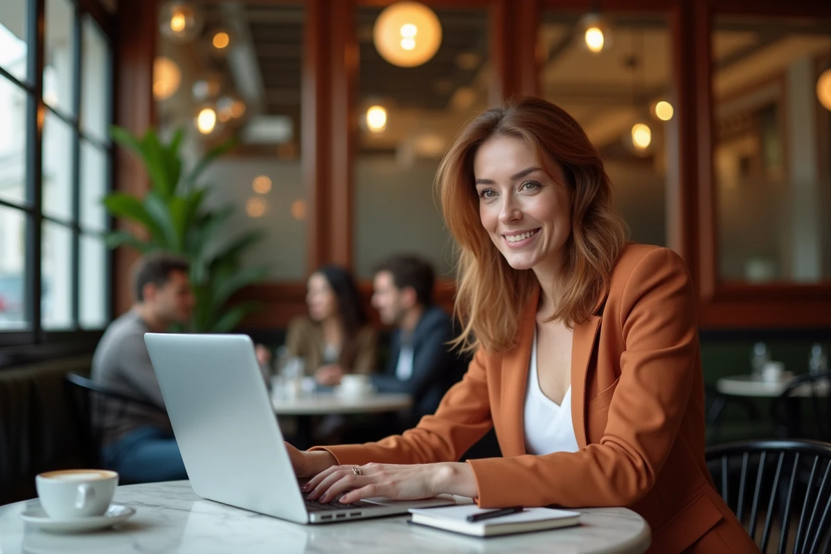 Femme élégante utilisant ChatGPT en français dans un café parisien avec un ordinateur portable et un carnet de notes