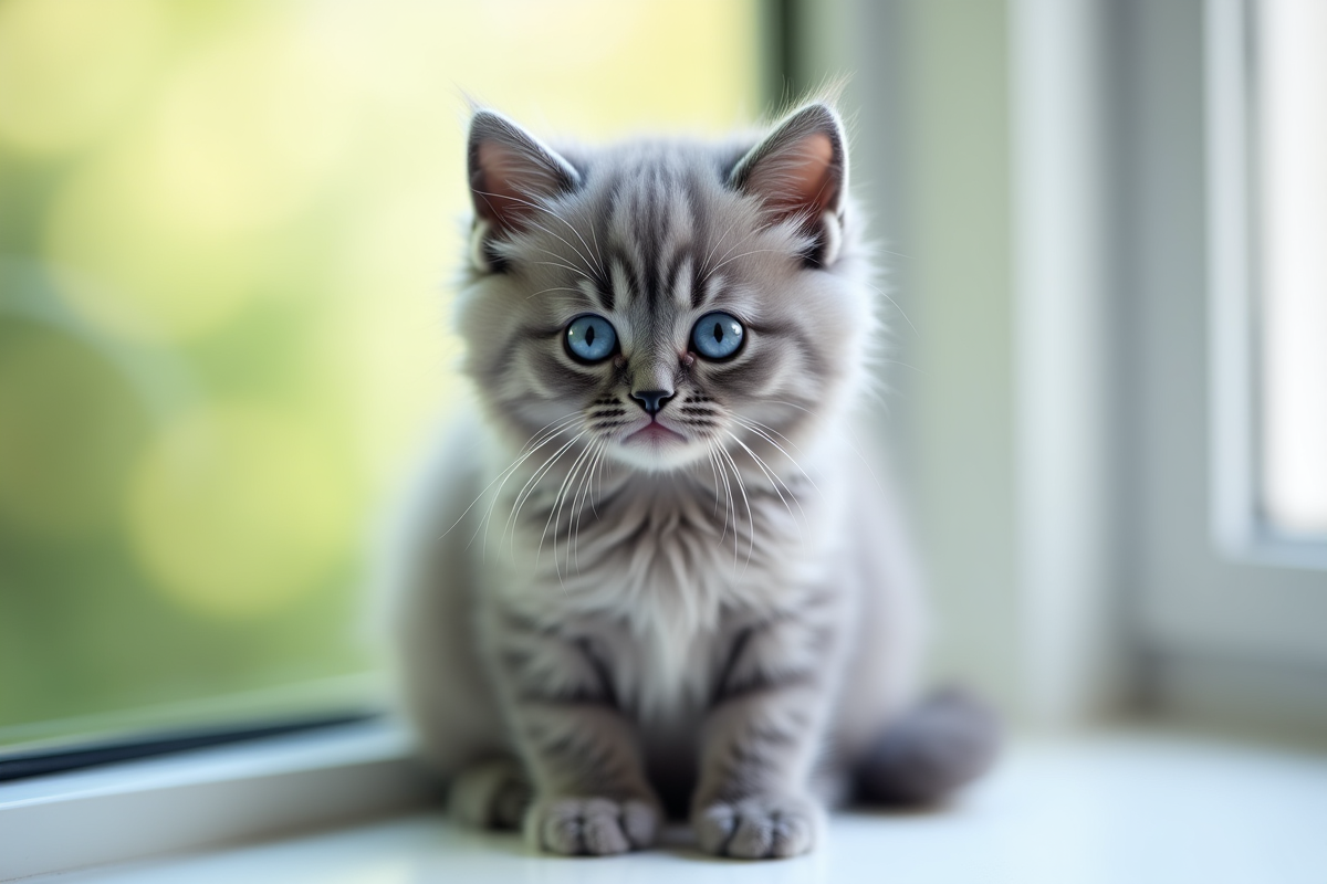 Chaton gris aux yeux bleus sur une fenêtre lumineuse