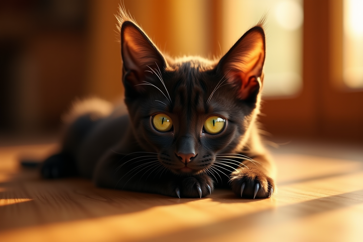 Chaton noir aux yeux verts sur un sol en bois chaud