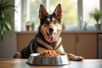 Chien berger allemand husky dans une cuisine moderne