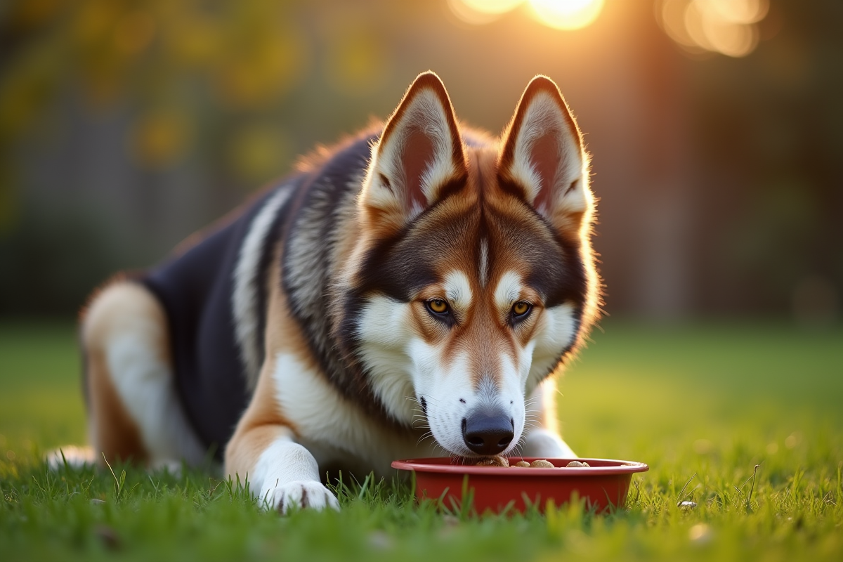 Chien berger husky mangeant en extérieur dans le jardin