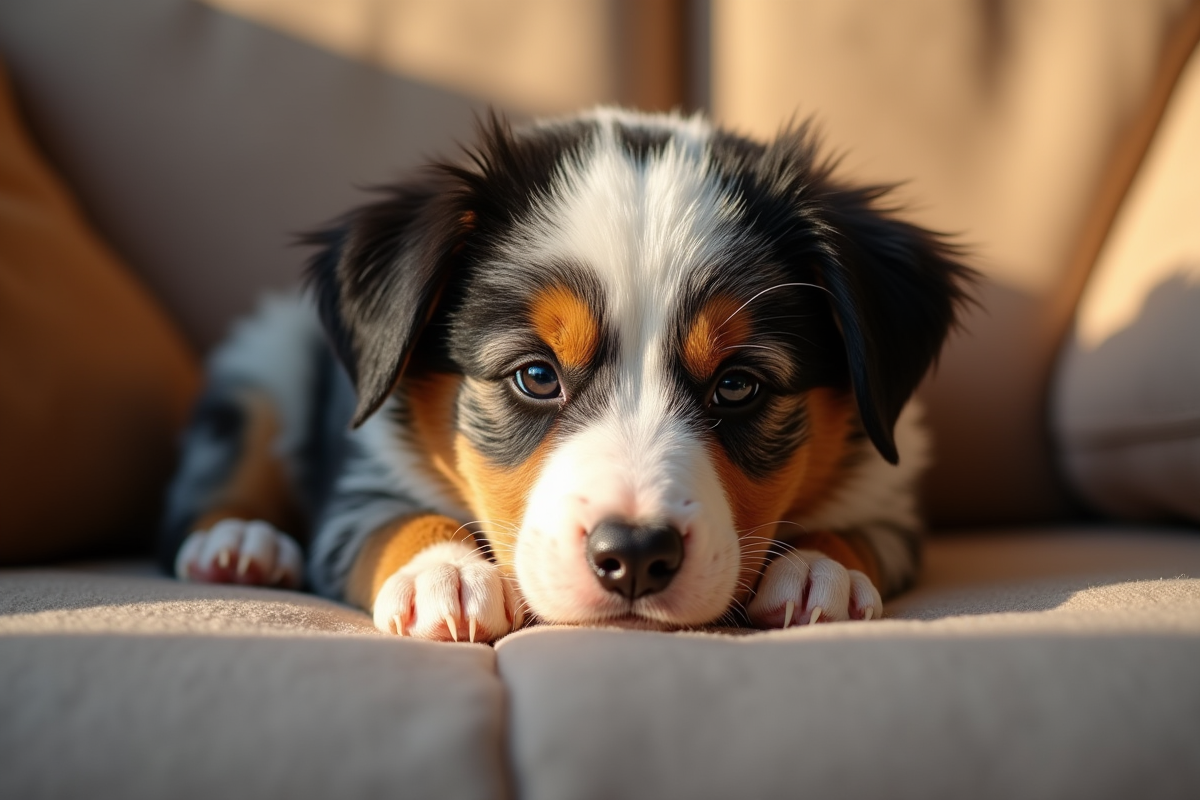 Chiot australien calme reposant sur un canapé chaleureux