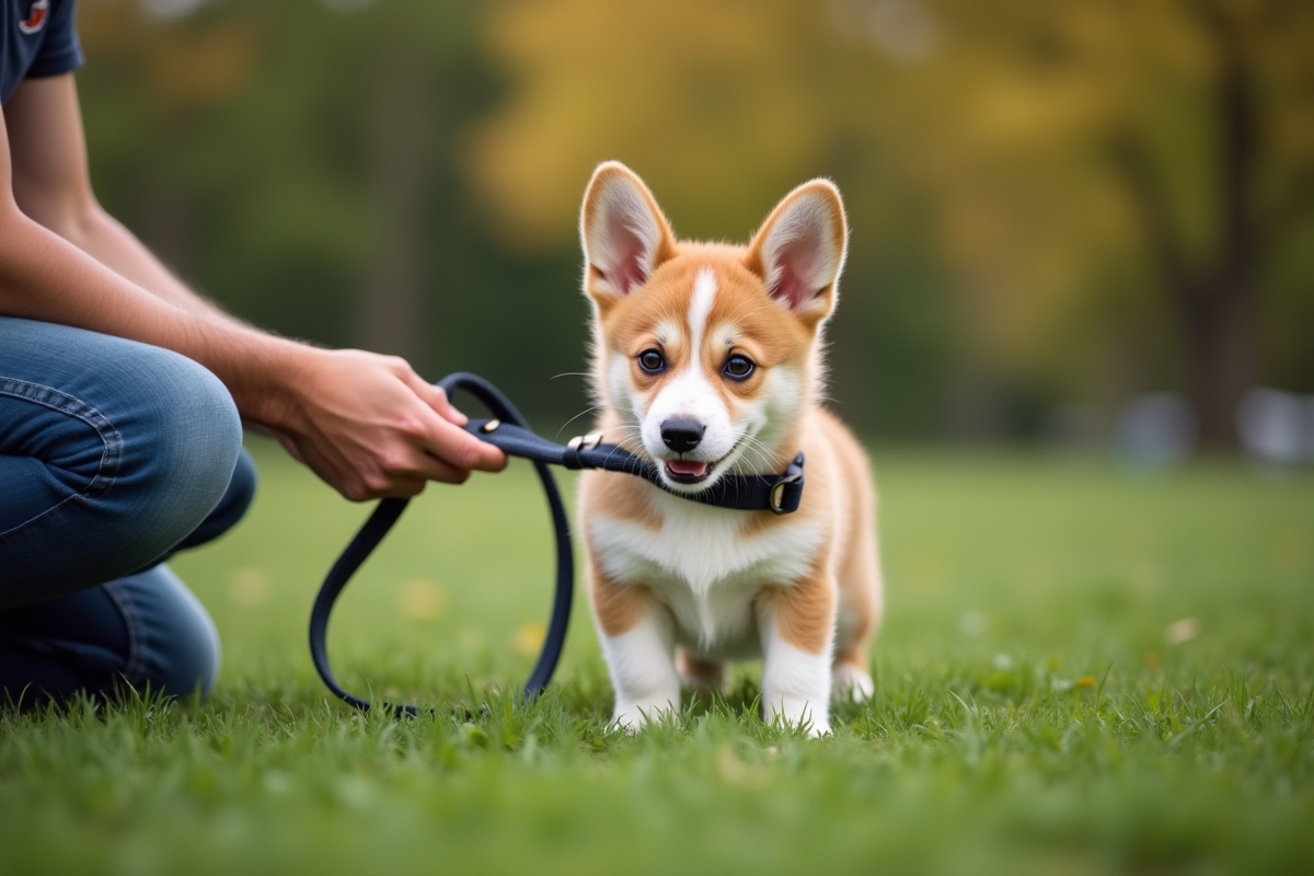Chiot corgi en extérieur dans un parc vert en journée