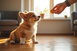 Jeune chiot corgi assis sur un sol en bois lumineux